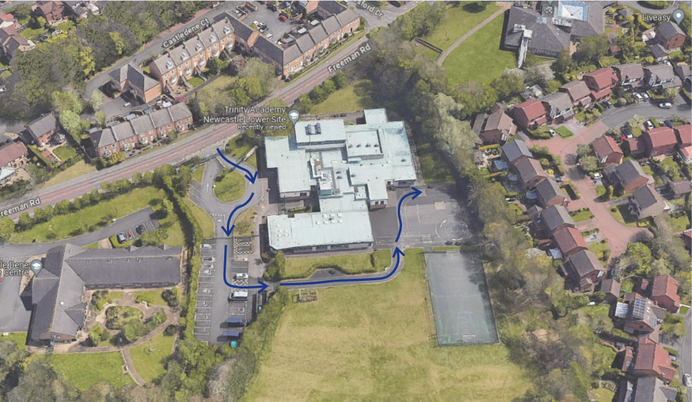 Image of top down view of Trinity Academy Newcastle Lower Site Building with arrows showing taxi route in and out of the school premises
